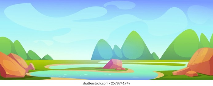 Summer landscape of a river with an island in the middle of it. Pond in a field, with stones. Vector cartoon