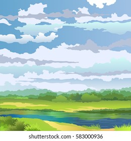 Summer landscape with river and meadow on background cloudy sky. Vector illustration.