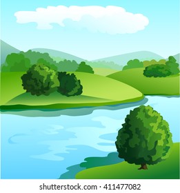 Summer landscape with river and mountains