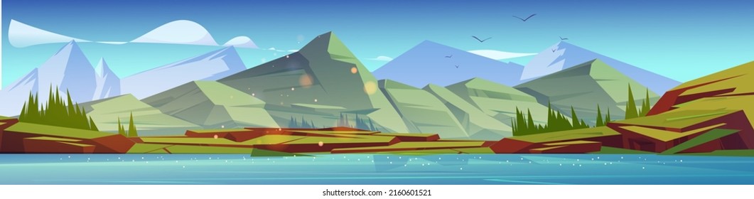 Summer landscape with river, mountains and forest. Vector cartoon illustration of scandinavian nature scene with lake, green grass, firs and rocks on horizon