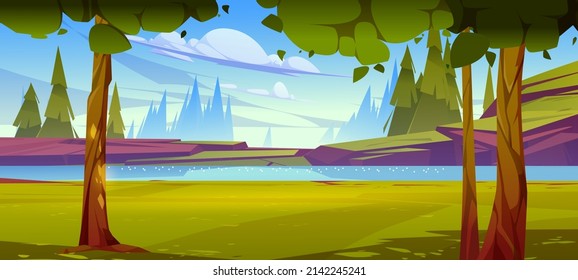 Summer landscape with river, rocky shore, trees and coniferous forest. Vector cartoon illustration of nature scene with water stream, green grass, firs and stones