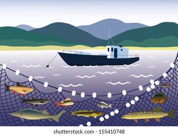 Summer landscape with river, seiner, freshwater fish and networks.