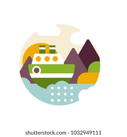 Summer landscape with river and ship in logo circle, vacation travelling sign, design element for emblem or badge vector Illustration on a white background