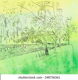 Summer landscape with river. Watercolor vector illustration.