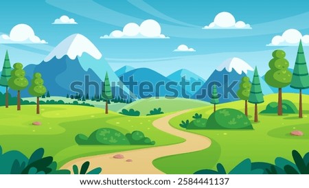 Summer landscape with road between bright green hills to mountain range on horizon. Sunny simple countryside scenery, pasture meadow and pine trees, clouds in blue sky cartoon vector illustration