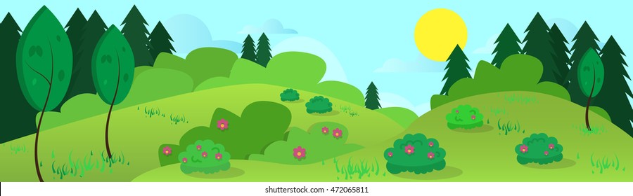 Summer Landscape Road Blue Cloud Sky With Sun Green Grass Forest Flat Design Vector Illustration