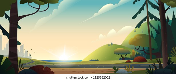 Summer Landscape. The Road From The City To The Forest Or Countryside. Cinematic View. Cartoon Style Vector Illustration