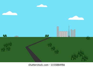 Summer landscape, the road leads through a green field to the city.