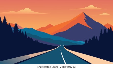 Paisaje de verano con carretera en las montañas Ilustración vectorial llana