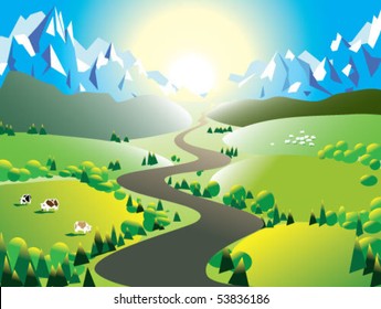 Summer landscape with road to sun.