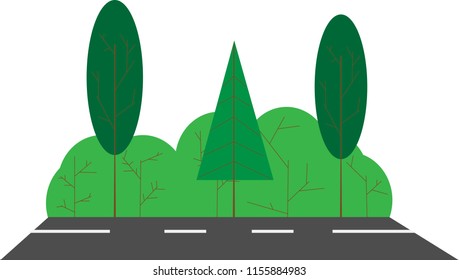 Summer landscape, road with trees and bushes. Flat image