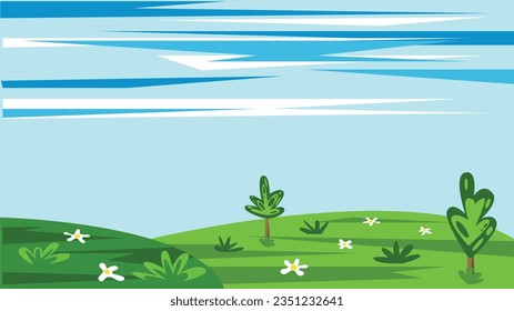 Summer Landscape with Road an Trees Flat Style. Nature, Flowers and Trees Concept Vector.