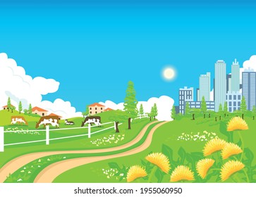 Summer landscape with a road from the village to the city. A farm with cows near a big city against a blue sky with clouds. Vector illustration.