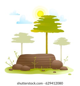 Summer landscape with rocks trees grass and lawn. Green baby landscape trees and stones cartoon design backdrop illustration watercolor style. Vector illustration.