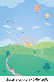 Summer Landscape with Rolling Hills & Outdoor Activities - an illustration with beautiful scenery and outdoor activities such as cycling and hot air ballooning.