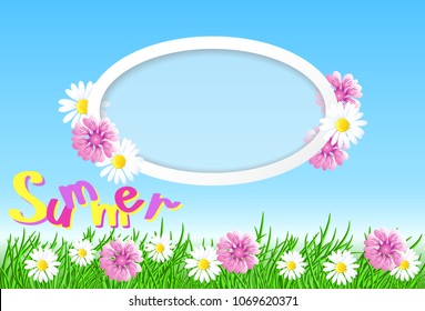 Summer landscape with round frame in the sky, meadow flowers and green grass