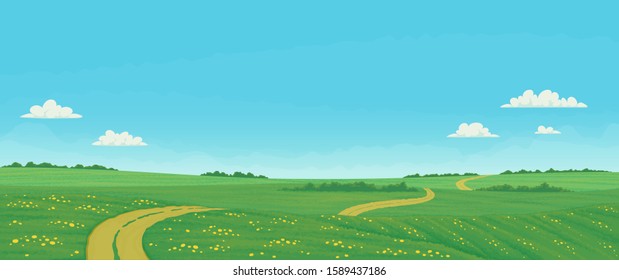 Summer landscape with rural dirt road running through green fields with wildflowers and windbreaks with bright blue sky and clouds. Vector illustration, country background, farming banner.