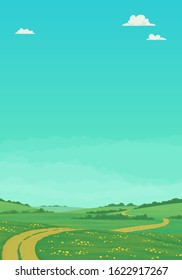 Summer landscape with rural dirt road running through green meadows with wildflowers and trees with  blue sky and clouds. Cartoon vector illustration, postcard, country background, farming banner.