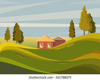 Summer landscape. Rural landscape on the background of meadows. Trees stand on a hill. It's a nasty day. Cartoon.