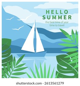 Summer Landscape with a sailboat or yacht, mountains and tropical leaves. Tourism concept, travel and adventure, vacation. Vector illustration for poster, cover, sales