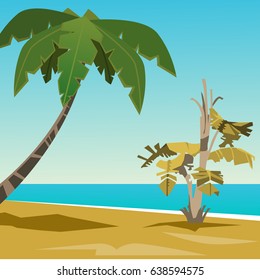 Summer landscape. Sandy beach with palm trees on the beach. Beautiful vector background.