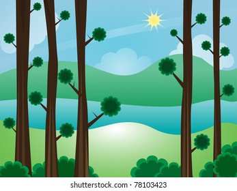 Summer landscape scene with mountains, lake and trees