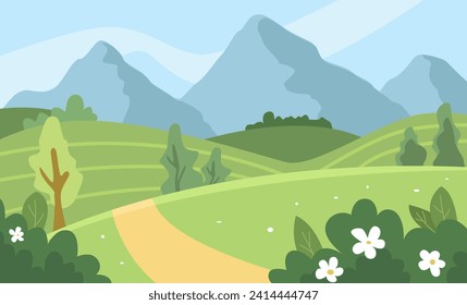 Summer Landscape Scene with Trees, Mountains, Fields, Flowers. Vector Illustration in Flat Style.