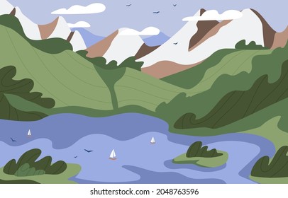 Summer landscape of scenic nature with mountain ridge, hills, green grass and water. Scenery with lake and boats, rocks, sky horizon with birds and clouds. Colored flat vector illustration