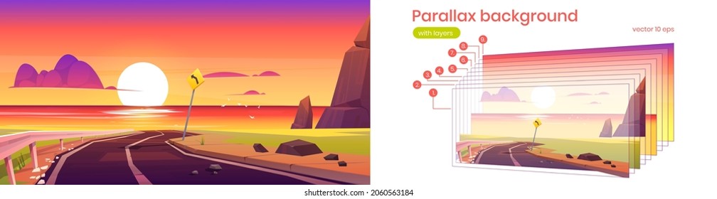 Summer Landscape Of Sea Beach, Road, Mountains And Sun On Horizon. Vector Parallax Background For 2d Animation With Cartoon Illustration Of Highway To Ocean Coast At Sunset