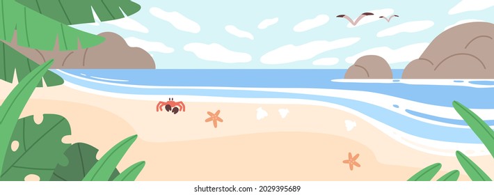 Summer landscape with sea coast, sand beach, sky and rocks. Horizontal seascape with sandy ocean shore, crab, seagulls and clouds on horizon. Seashore panoramic view. Flat vector illustration