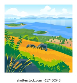 Summer landscape with sea and mountains vector illustration 