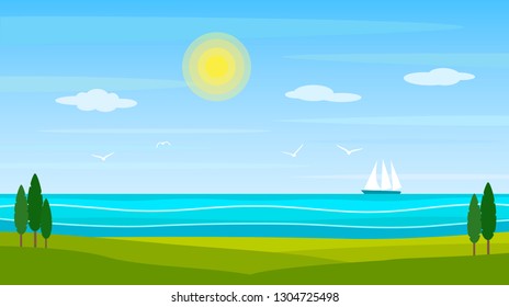 Summer landscape of the sea or ocean coast with green hills, sun and ship sailing ship. flat vector illustration