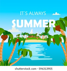 Summer landscape with sea and palms.  Can be used for banner, t-shirt graphics, etc. Vector illustration