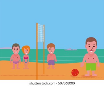 Summer landscape with the sea and people playing beach volleyball