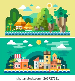 Summer landscape: sea, sun, beach, sand, tropical island, palm trees, elephants, bungalows, houses, quay. Background for site or game. Vector flat illustrations