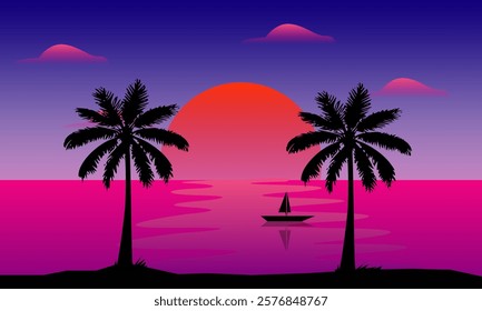 Summer Landscape, Sea View with Palm Tree Silhouette and Sunset