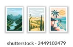 Summer Landscape: Sea View Poster, Cover, and Card Set with Beach, Mountains, and Typography Design