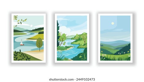 Summer Landscape: Sea View Poster, Cover, and Card Set with Beach, Mountains, and Typography Design