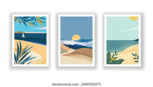 Paisaje de verano: Cartel, cubierta y conjunto de cartas con playa, montañas y diseño tipográfico