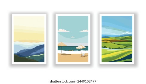 Paisaje de verano: Cartel, cubierta y conjunto de cartas con playa, montañas y diseño tipográfico