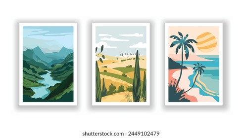 Paisaje de verano: Cartel, cubierta y conjunto de cartas con playa, montañas y diseño tipográfico