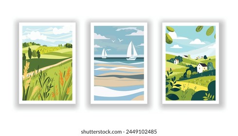 Summer Landscape: Sea View Poster, Cover, and Card Set with Beach, Mountains, and Typography Design