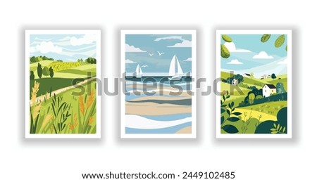 Summer Landscape: Sea View Poster, Cover, and Card Set with Beach, Mountains, and Typography Design