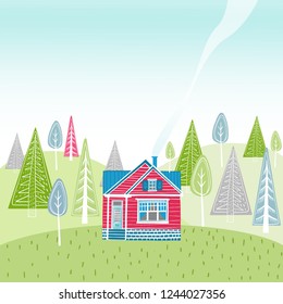 Summer landscape seamless pattern with pretty red house and forest