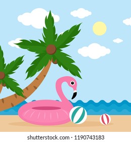 Summer landscape, sea/ocean. Palm trees, saving circle , pink flamingo with beach ball. Vector Illustration, concept of rest.