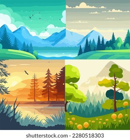 Summer landscape set background with lake, mountains, green field hills, big meadows, blue spring sky and clouds, trees. Countryside. Rural scene. Nature view. Flat cartoon vector illustration