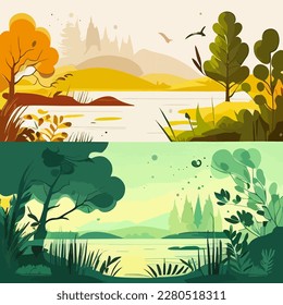 Summer landscape set background with lake, mountains, green field hills, big meadows, blue spring sky and clouds, trees. Countryside. Rural scene. Nature view. Flat cartoon vector illustration