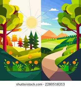 Summer landscape set background with lake, mountains, green field hills, big meadows, blue spring sky and clouds, trees. Countryside. Rural scene. Nature view. Flat cartoon vector illustration
