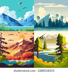 Summer landscape set background with lake, mountains, green field hills, big meadows, blue spring sky and clouds, trees. Countryside. Rural scene. Nature view. Flat cartoon vector illustration