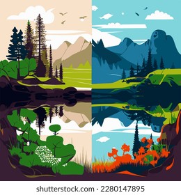 Paisaje de verano con riachuelo de río, montañas, colinas verdes, grandes prados, cielo de primavera azul y nubes, árboles. Campo. Escena rural. Vista natural. Ilustración vectorial de dibujos animados planos